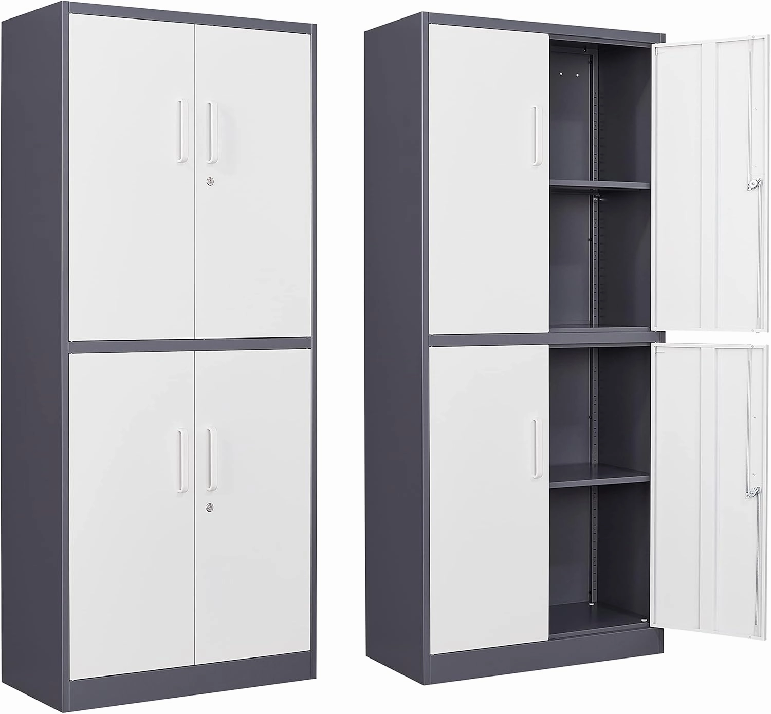 Yizosh Metal Storage Locking Cabinet with 4 Doors and 2 Adjustable Shelves,71" Lockable Garage Tall Steel Cabinet,for Home Office,Living Room,Pantry,Gym,Commercial Storage (Gray White) equipment cabinet,AV gear cabinet,component enclosure,