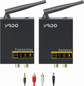 YMOO 2.4Ghz Wireless Audio Transmitter Receiver,192kHz/24bit HiFi Audio,20ms Ultra Low Latency,320ft Long Range RCA Jack Adapter for Speaker/soundbar to TV/PC/CD Player/Computer/Projector wireless audio bridge,Bluetooth transmitter,WiFi audio link,