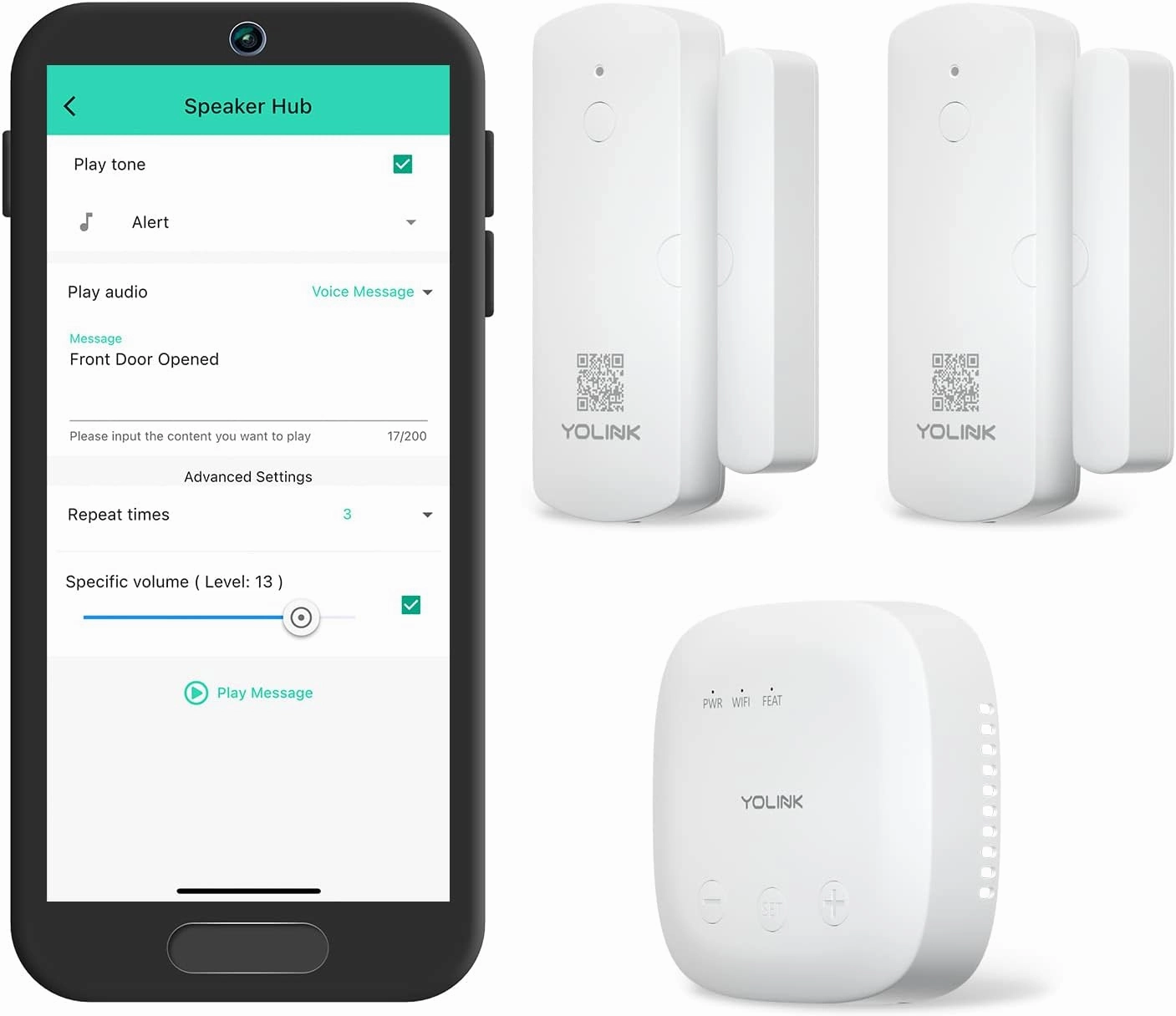 YoLink LoRa Smart Door Sensor Starter Kit: SpeakerHub Audio Hub & 2 Door Sensors - Up to 1/4 Mile Range, Door Left-Open Reminders, up to 5 Year Batteries, Alexa, IFTTT, Home Assistant smart audio hub,voice control speaker,Alexa compatible audio,