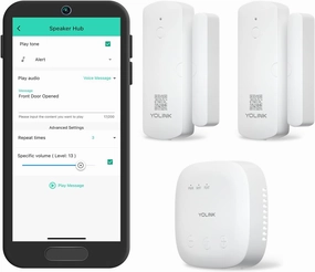 YoLink LoRa Smart Door Sensor Starter Kit: SpeakerHub Audio Hub & 2 Door Sensors - Up to 1/4 Mile Range, Door Left-Open Reminders, up to 5 Year Batteries, Alexa, IFTTT, Home Assistant smart audio hub,voice control speaker,Alexa compatible audio,