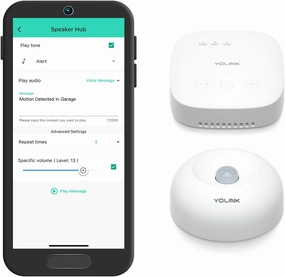 YoLink SpeakerHub & One Motion Sensor Smart Home and Security Kit  Audio Hub Plays Tones/Sounds, Spoken Messages, LoRa-Powered  Mile Range, WiFi Required smart audio hub,voice control speaker,Alexa compatible audio,