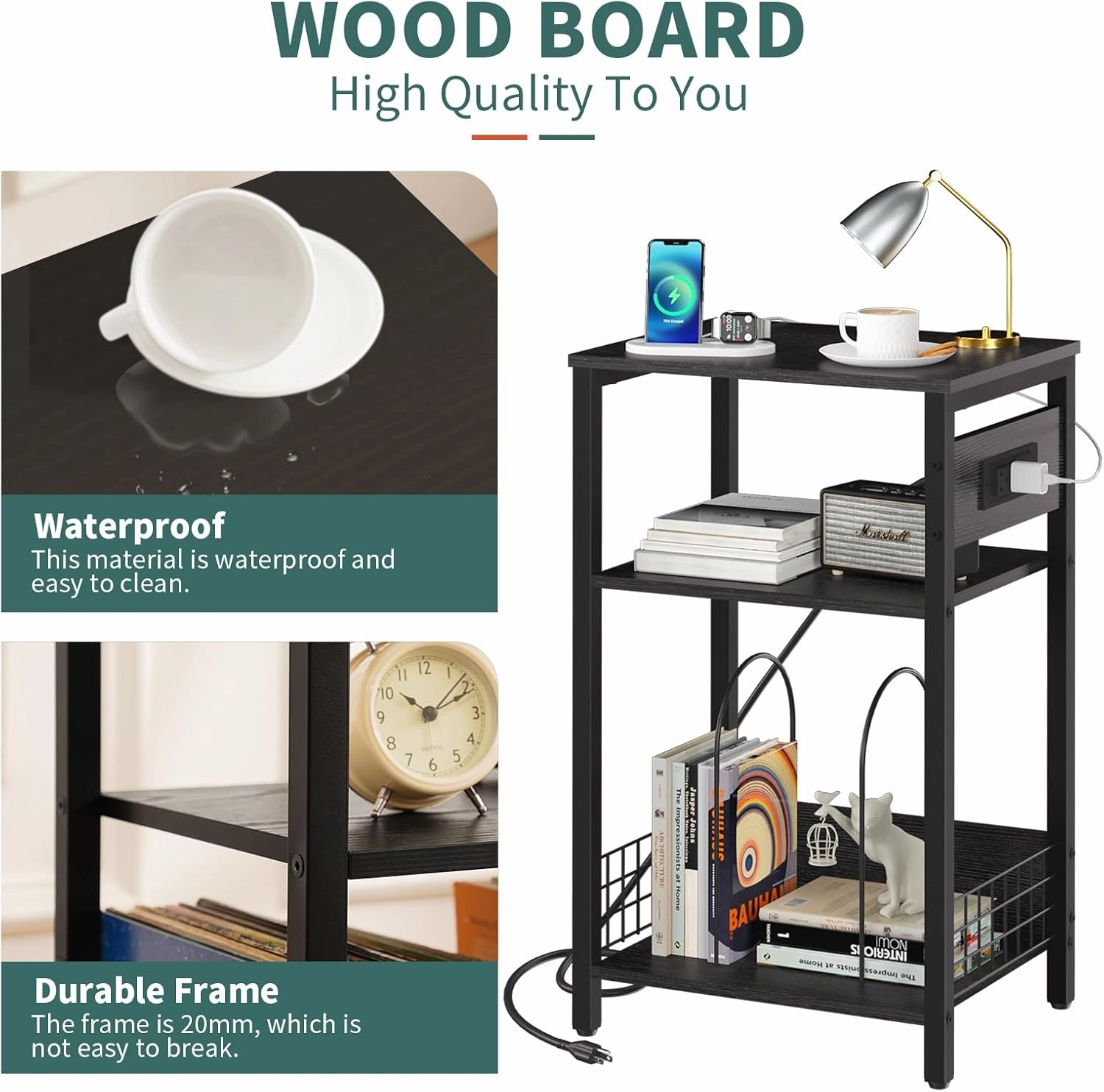 Yoobure Record Player Stand, 3-Tier End Table with Charging Station, Small Side Table for Living Room Bedroom, Nightstand for Vinyl Storage, Tall Beside Tables Turntable Stand for Album CD