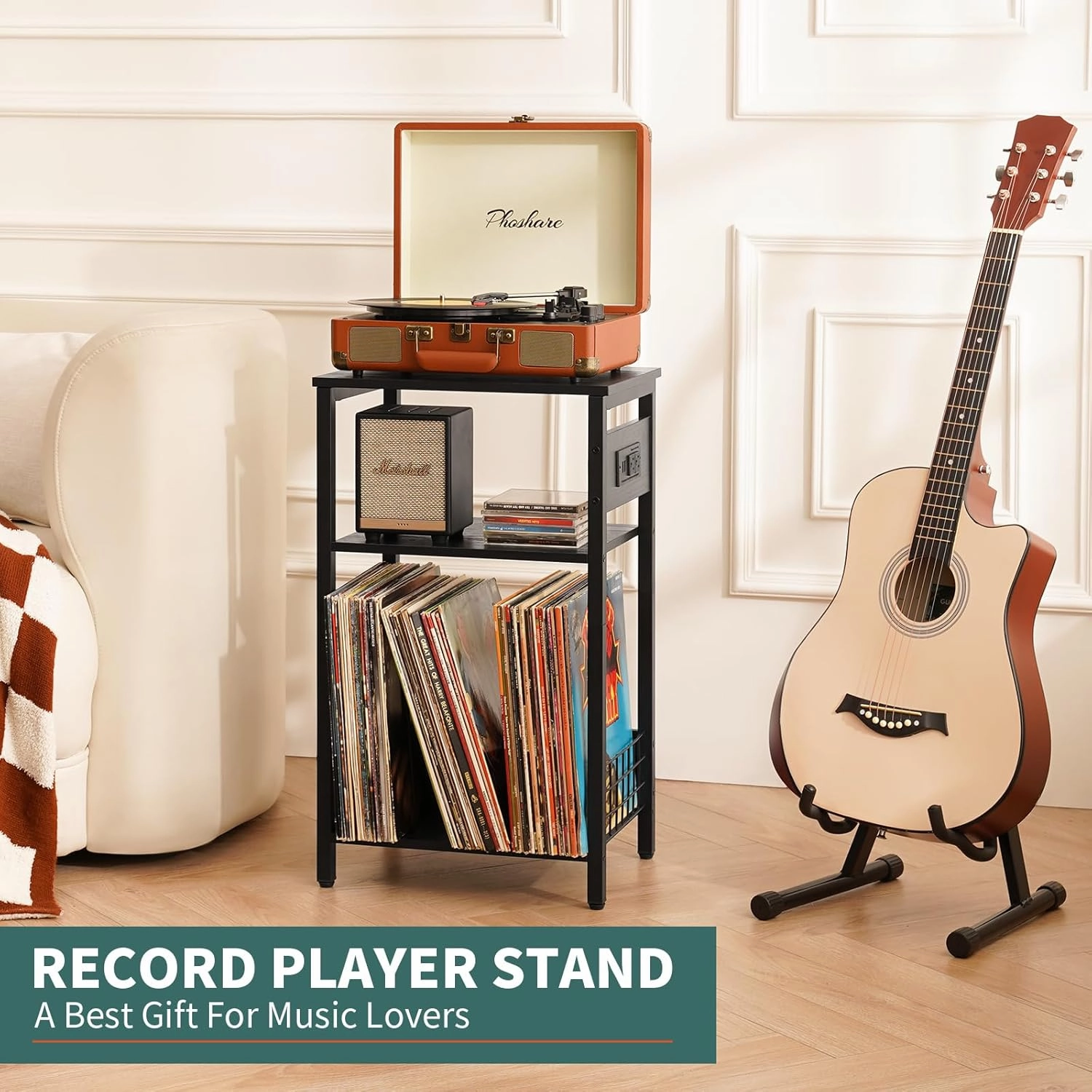 Yoobure Record Player Stand, 3-Tier End Table with Charging Station, Small Side Table for Living Room Bedroom, Nightstand for Vinyl Storage, Tall Beside Tables Turntable Stand for Album CD
