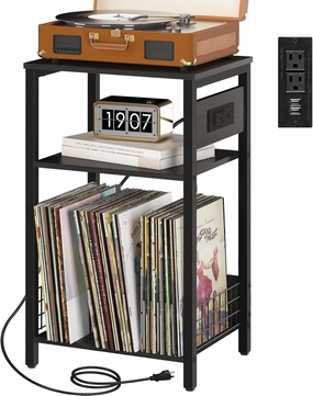 Yoobure Record Player Stand, 3-Tier End Table with Charging Station, Small Side Table for Living Room Bedroom, Nightstand for Vinyl Storage, Tall Beside Tables Turntable Stand for Album CD vinyl storage,record holder,LP organizer,
