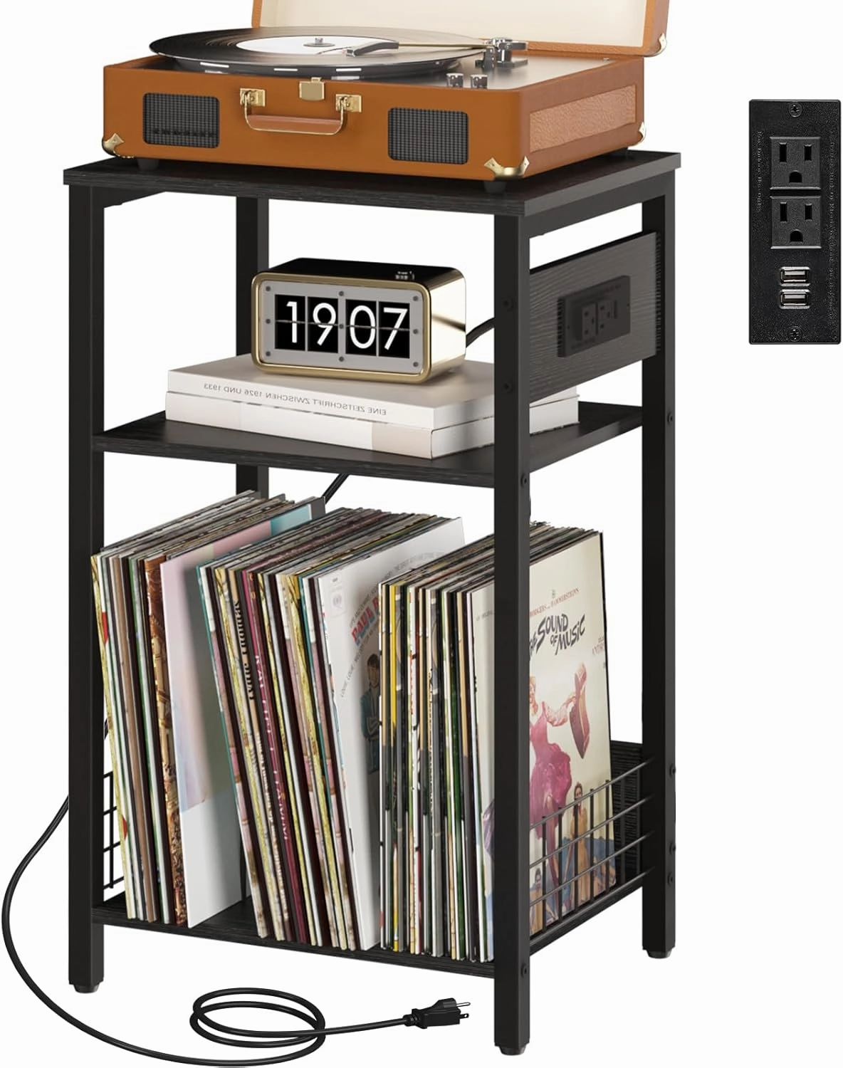 Yoobure Record Player Stand, 3-Tier End Table with Charging Station, Small Side Table for Living Room Bedroom, Nightstand for Vinyl Storage, Tall Beside Tables Turntable Stand for Album CD vinyl storage,record holder,LP organizer,