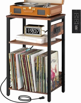 Yoobure Record Player Stand, 3-Tier White Side Table with Charging Station, Small End Table Record Holder with Vinyl Storage, Beside Tables Turntable Stand for Album CD, Night Stand for Living Room vinyl storage,record holder,LP organizer,