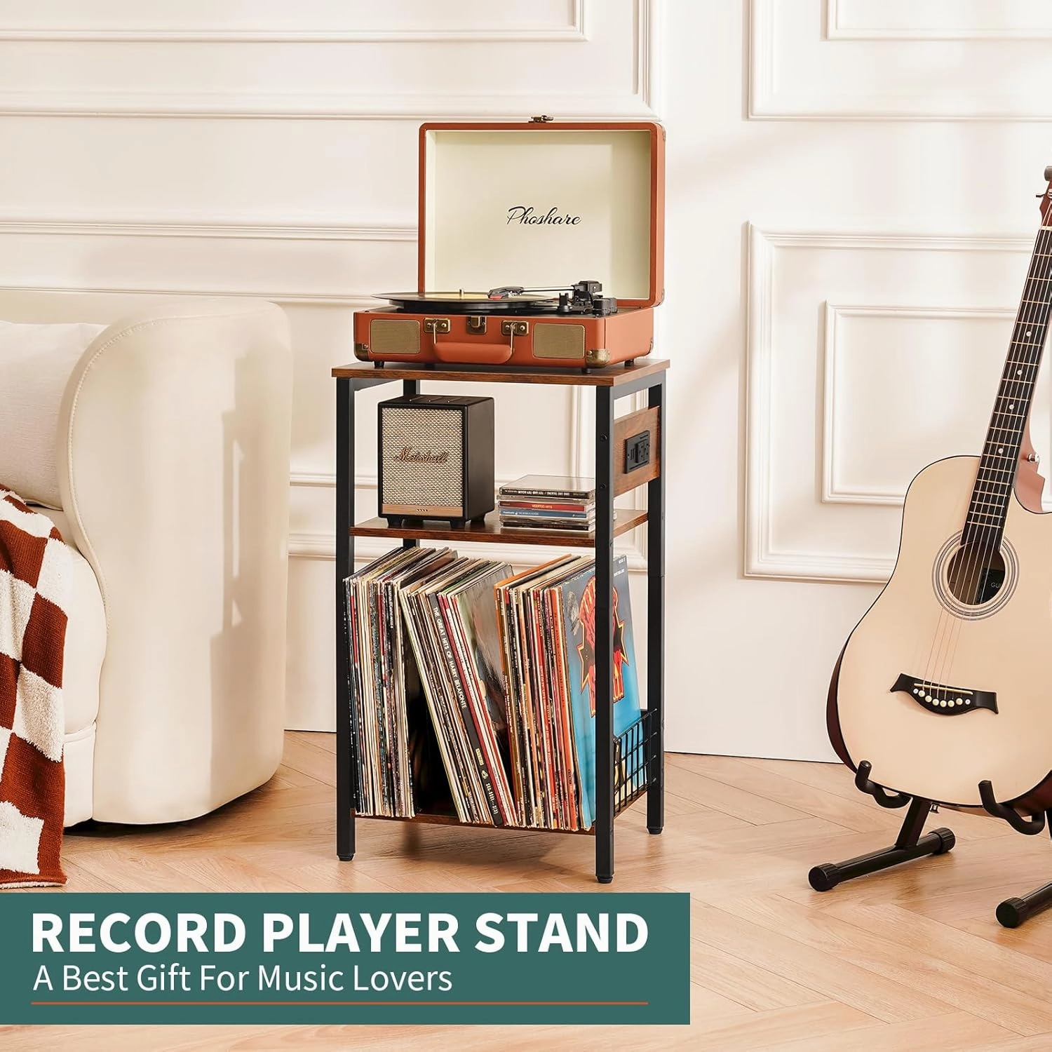 Yoobure Record Player Stand, 3-Tier White Side Table with Charging Station, Small End Table Record Holder with Vinyl Storage, Beside Tables Turntable Stand for Album CD, Night Stand for Living Room