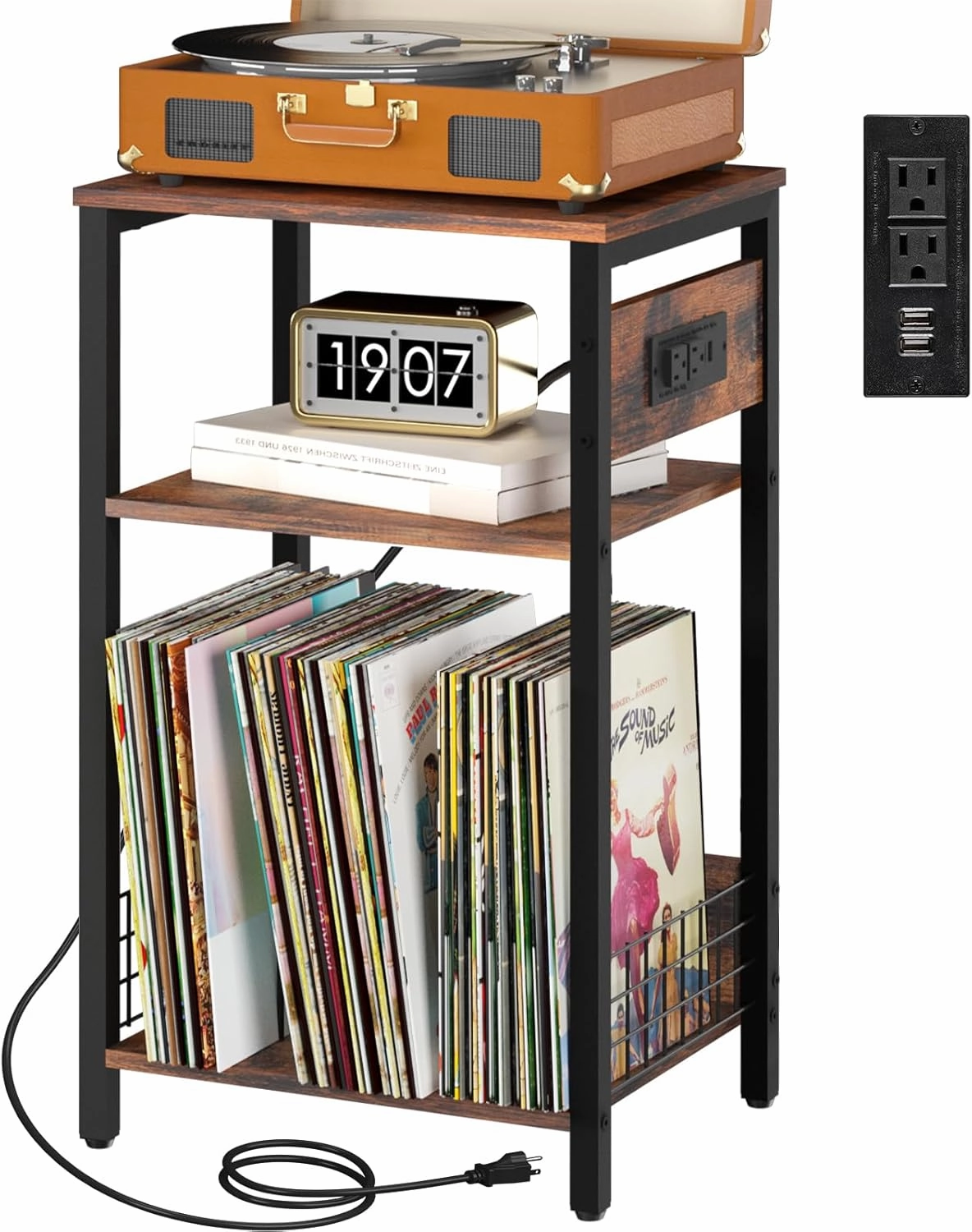 Yoobure Record Player Stand, 3-Tier White Side Table with Charging Station, Small End Table Record Holder with Vinyl Storage, Beside Tables Turntable Stand for Album CD, Night Stand for Living Room vinyl storage,record holder,LP organizer,