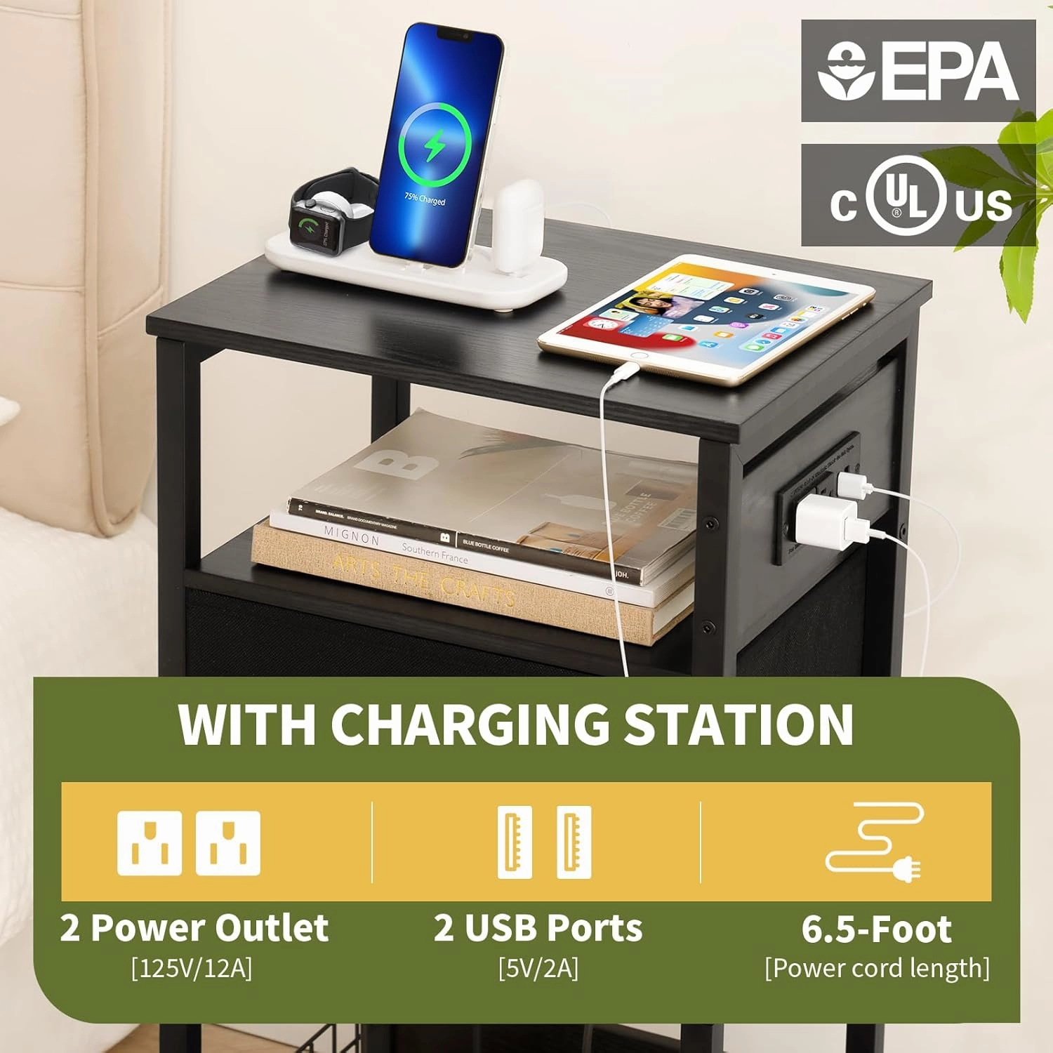Yoobure Side Table - Night Stand with Charger Station & LED Light, 3 Tier Small End Table Living Room, Bedside Table with Drawer, Record Player Stand with Vinyl Storage, Black Nightstand for Bedroom