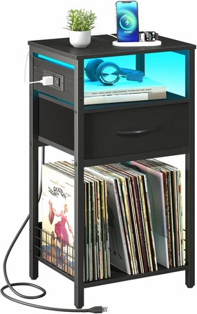 Yoobure Side Table - Night Stand with Charger Station & LED Light, 3 Tier Small End Table Living Room, Bedside Table with Drawer, Record Player Stand with Vinyl Storage, Black Nightstand for Bedroom vinyl storage,record holder,LP organizer,
