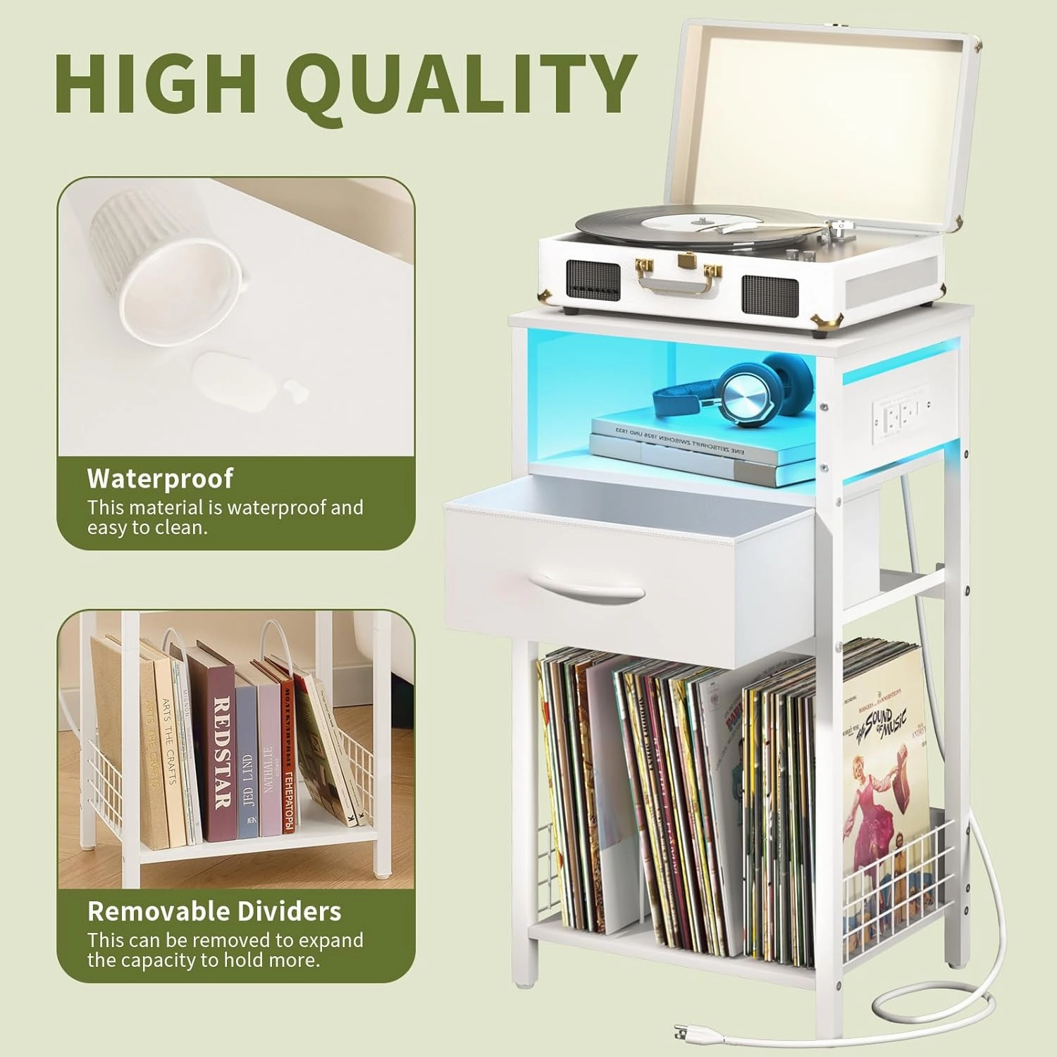 Yoobure Side Table - Night Stand with Charger Station & LED Light, 3 Tier Small End Table Living Room, Bedside Table with Drawer, Record Player Stand with Vinyl Storage, White Nightstand for Bedroom
