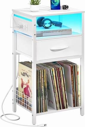 Yoobure Side Table - Night Stand with Charger Station & LED Light, 3 Tier Small End Table Living Room, Bedside Table with Drawer, Record Player Stand with Vinyl Storage, White Nightstand for Bedroom vinyl storage,record holder,LP organizer,