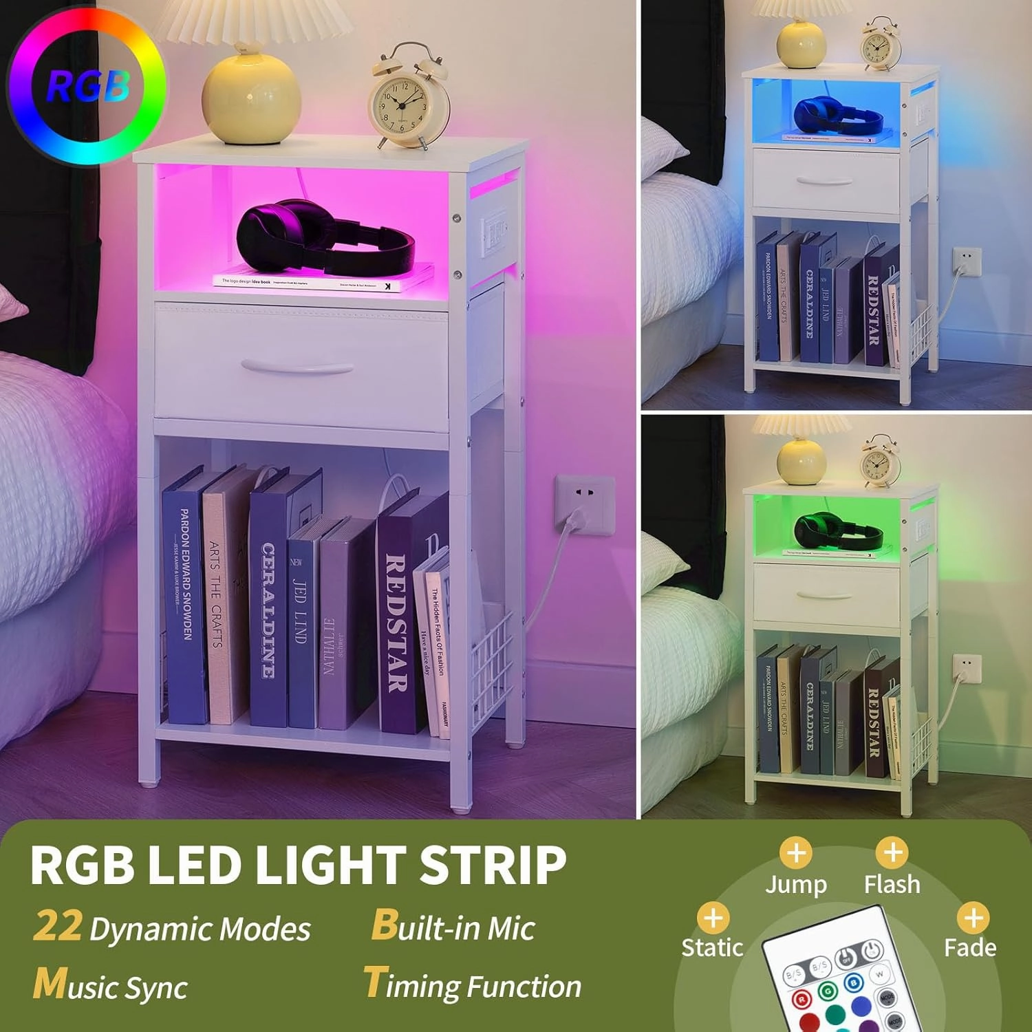 Yoobure Side Table - Night Stand with Charger Station & LED Light, 3 Tier Small End Table Living Room, Bedside Table with Drawer, Record Player Stand with Vinyl Storage, White Nightstand for Bedroom