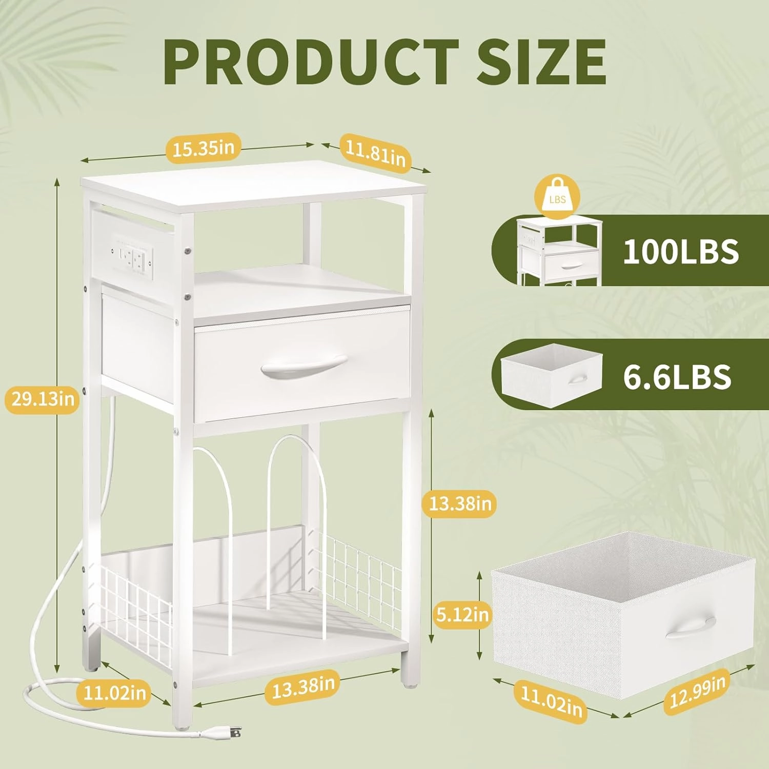 Yoobure Side Table - Night Stand with Charger Station & LED Light, 3 Tier Small End Table Living Room, Bedside Table with Drawer, Record Player Stand with Vinyl Storage, White Nightstand for Bedroom