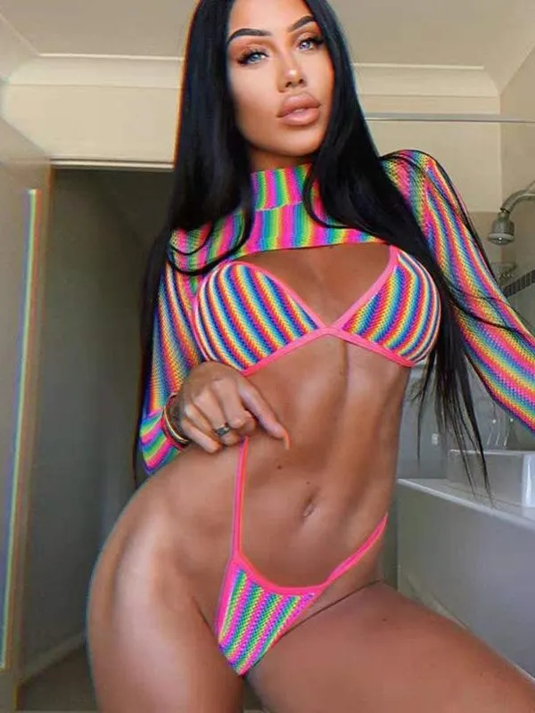 ZASUWA Female Rainbow Strip Sunscreen Bikini 3-piece Set