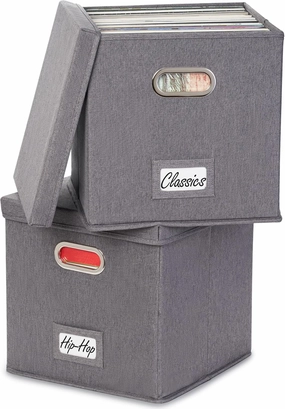 ZICOTO Decorative Vinyl Record Storage Box for 50  Single Records - Sturdy and Easy to Carry LP Holder with Lid - The Perfect Storage Crate for Your Valuable Album Collection vinyl storage,record holder,LP organizer,