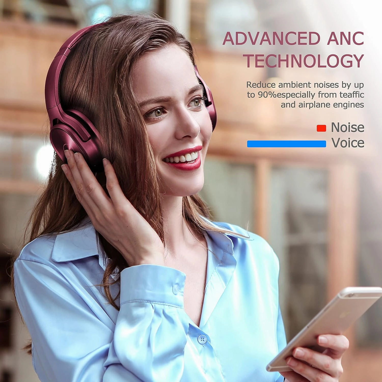 ZIHNIC Active Noise Cancelling Headphones, 40H Playtime Wireless Bluetooth Headset with Deep Bass Hi-Fi Stereo Sound,Comfortable Earpads for Travel/Home/Office (Red)
