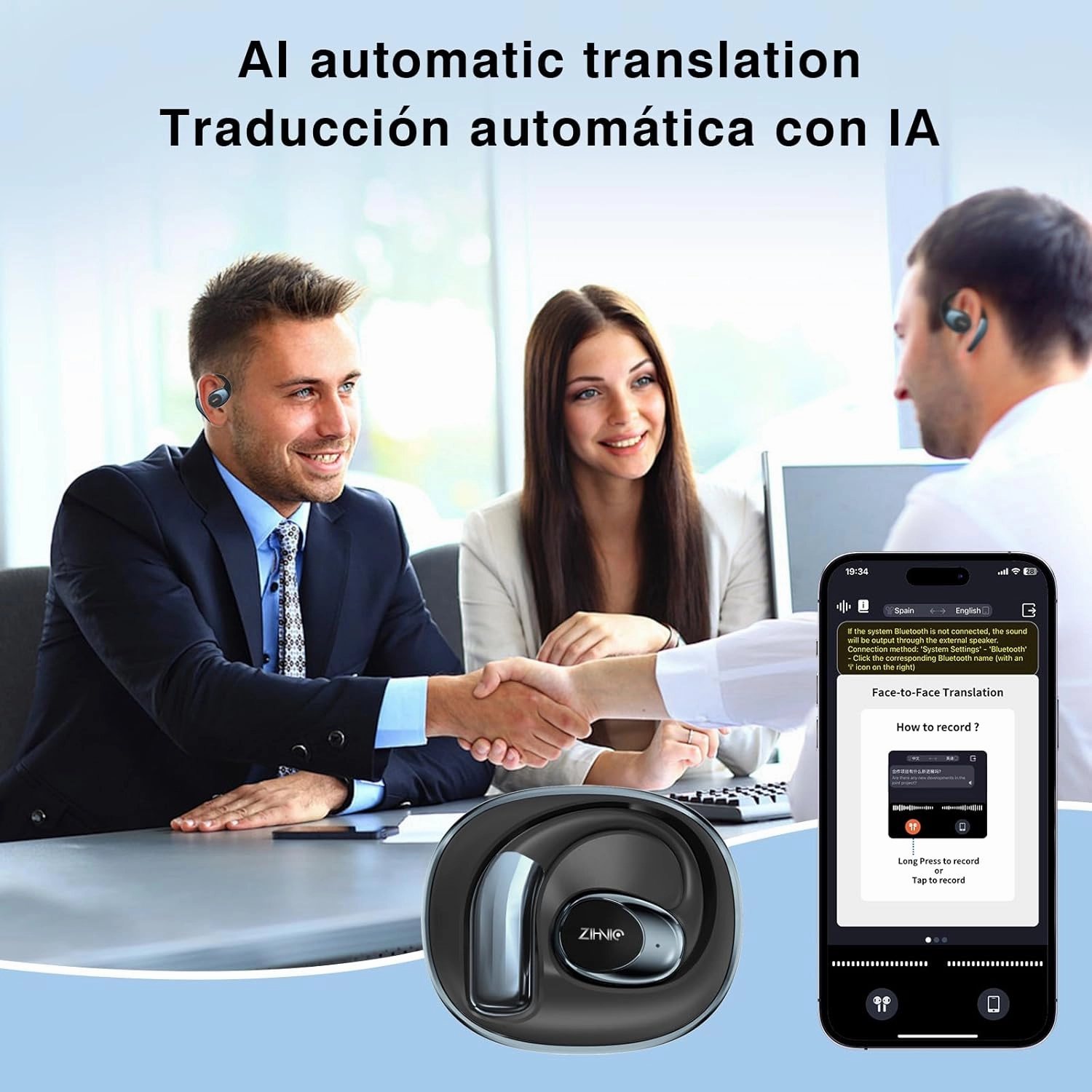ZIHNIC Wireless 4-Mode AI-Translation Earphones - Real-Time Language Translation, Comfortable Ear Hooks, IPX5 Waterproof, Compatible with Phone, Android Phone (Black)