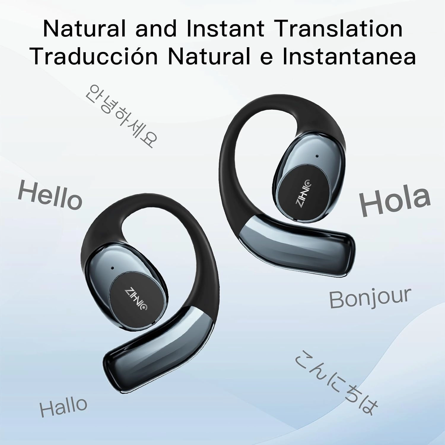 ZIHNIC Wireless 4-Mode AI-Translation Earphones - Real-Time Language Translation, Comfortable Ear Hooks, IPX5 Waterproof, Compatible with Phone, Android Phone (Black)
