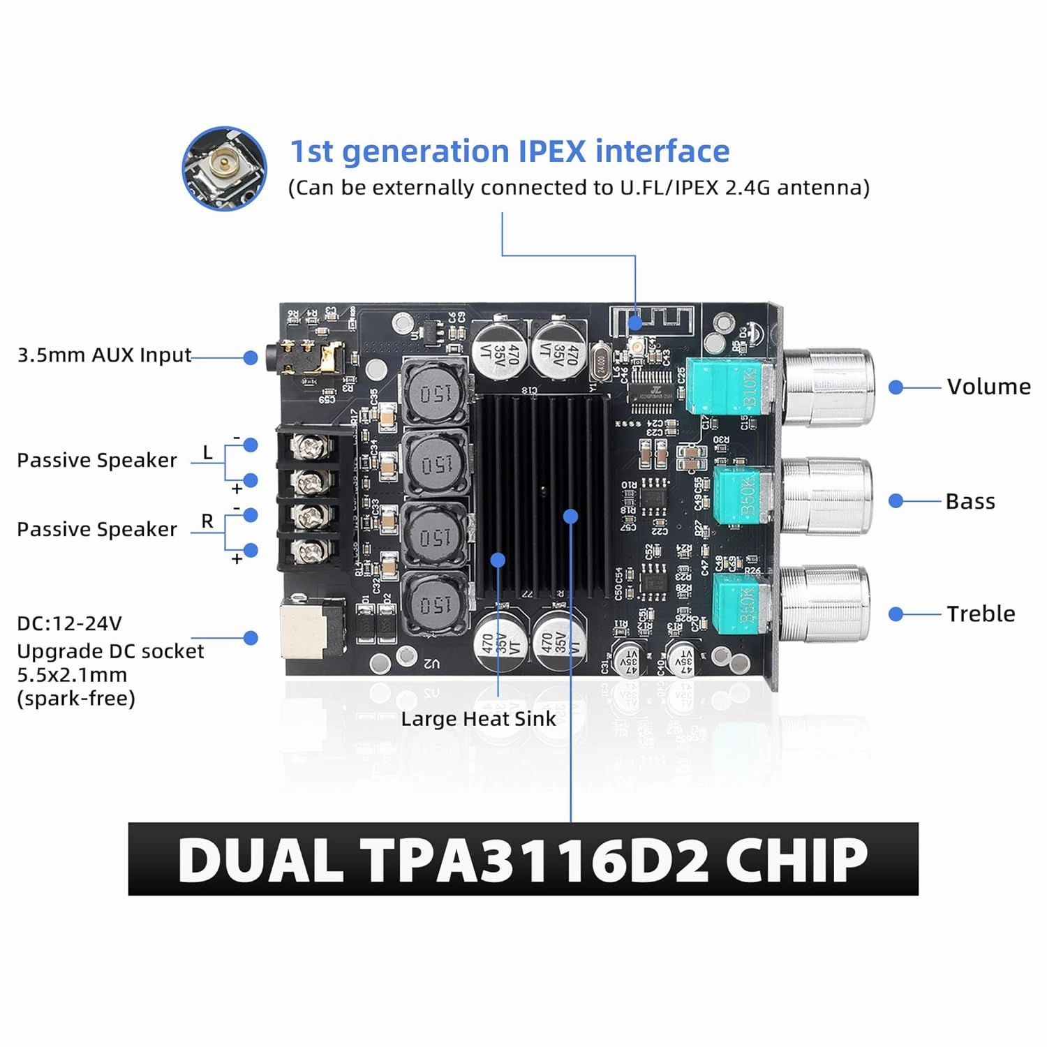 ZK-1002T 100W 100W Power Amplifier Board, TPA3116D2 Chip with Bluetooth and AUX Inputs, 2.0 Channel Audio Power Amplifier (ZK-1002T)