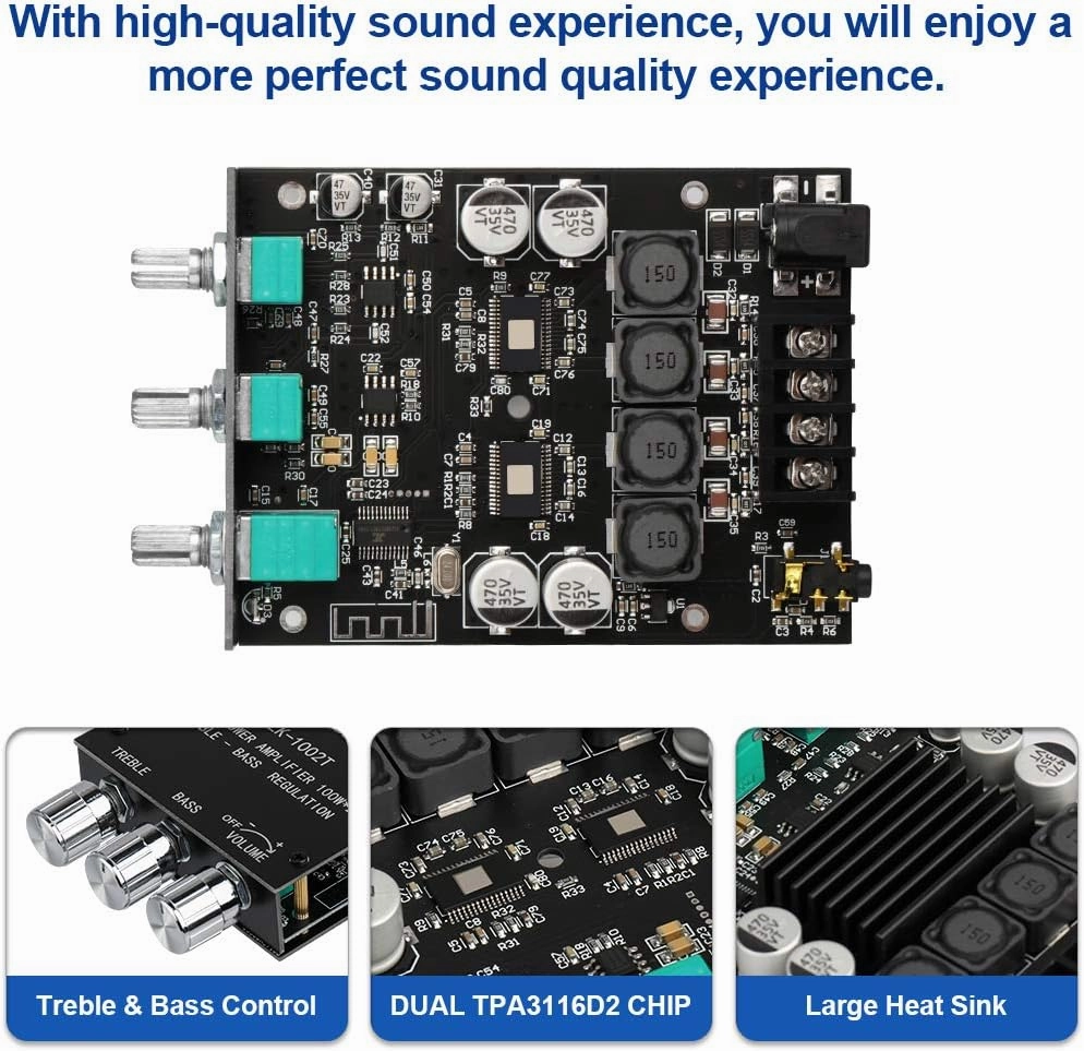 ZK-1002T 2.0 Channel Bluetooth 5.0 Amplifier Board 200W HiFi Subwoofer Audio AMP with Treble and Bass Control BT and AUX Inputs, DC 12-24V 2.0 Channel Stereo AMP Module for DIY Speakers