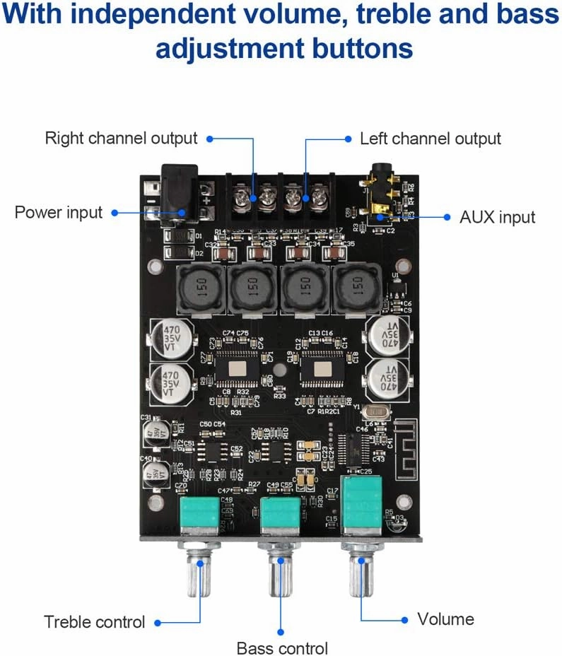 ZK-1002T 2.0 Channel Bluetooth 5.0 Amplifier Board 200W HiFi Subwoofer Audio AMP with Treble and Bass Control BT and AUX Inputs, DC 12-24V 2.0 Channel Stereo AMP Module for DIY Speakers