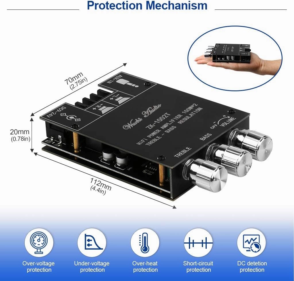 ZK-1002T 2.0 Channel Bluetooth 5.0 Amplifier Board 200W HiFi Subwoofer Audio AMP with Treble and Bass Control BT and AUX Inputs, DC 12-24V 2.0 Channel Stereo AMP Module for DIY Speakers