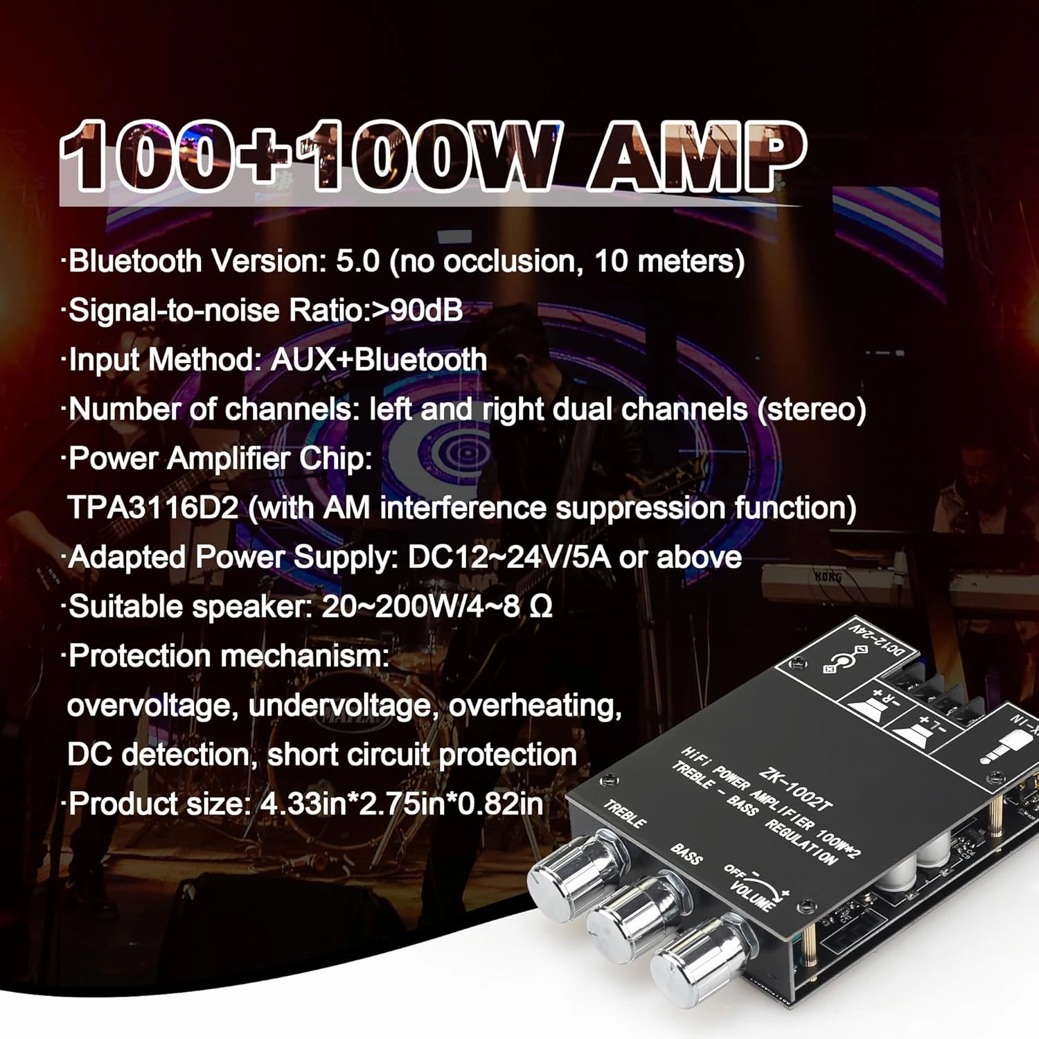 ZK-1002T Bluetooth Amplifier Board with Treble and Bass Control 2.0 Channel Class-D Amplifier 100W 100W Power Output Component Amplifiers