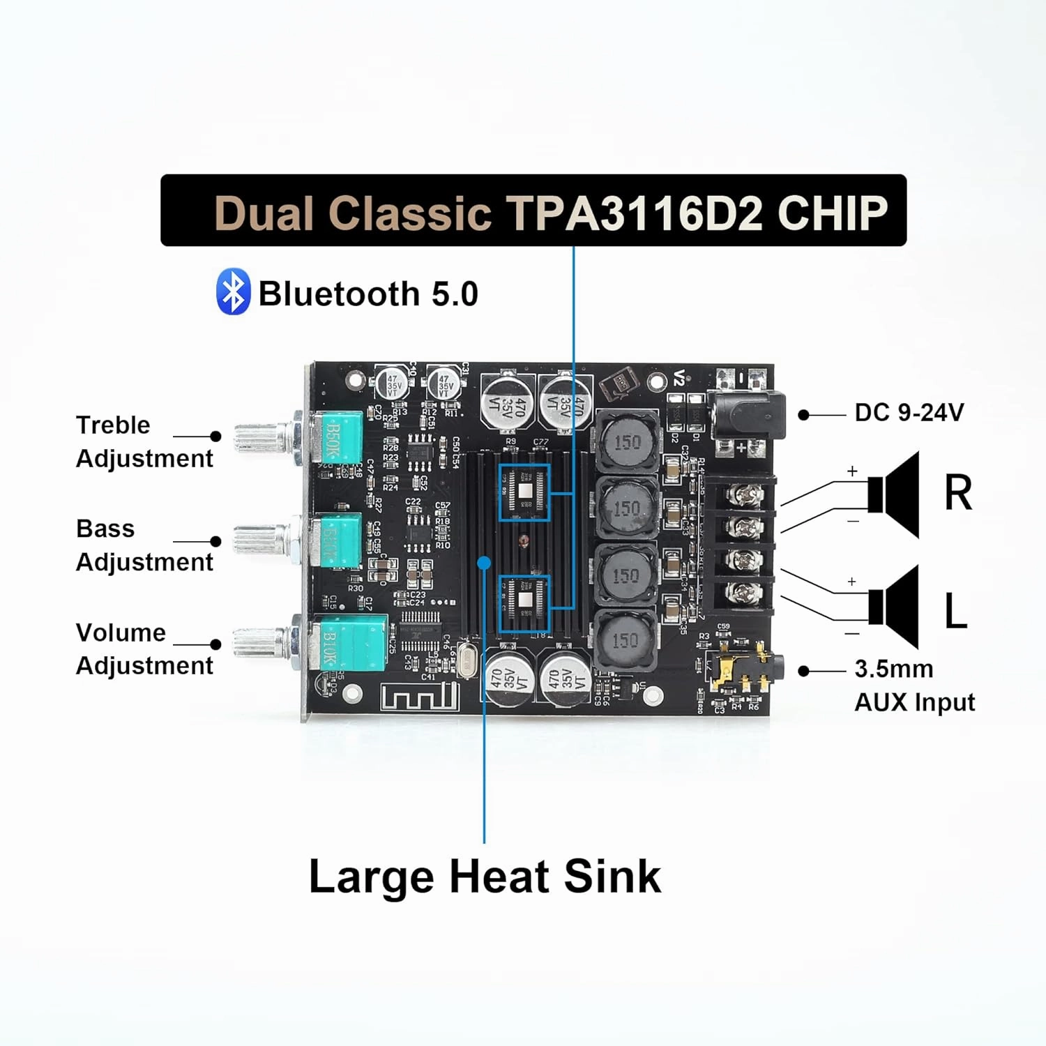 ZK-1002T Bluetooth Amplifier Board with Treble and Bass Control 2.0 Channel Class-D Amplifier 100W 100W Power Output Component Amplifiers