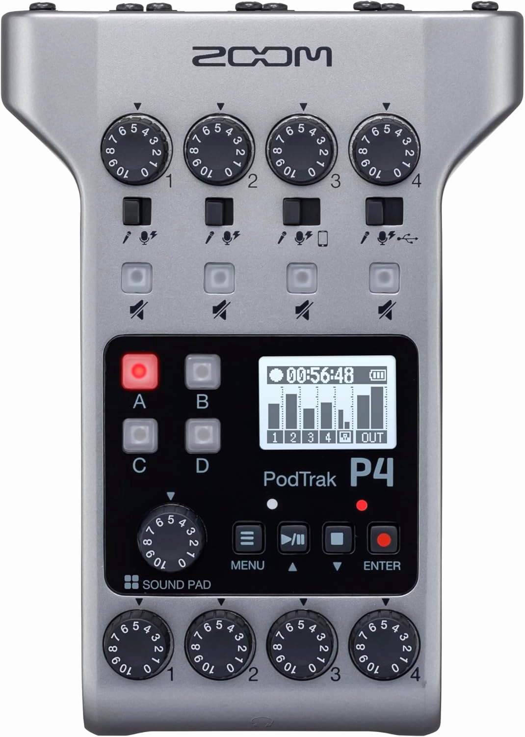 Zoom PodTrak P4 Podcast Recorder, Battery Powered, 4 Microphone Inputs, 4 Headphone Outputs, Phone and USB Input for Remote Interviews, Sound Pads, 2-In/2-Out Audio Interface audio interface,USB interface,music recording input,