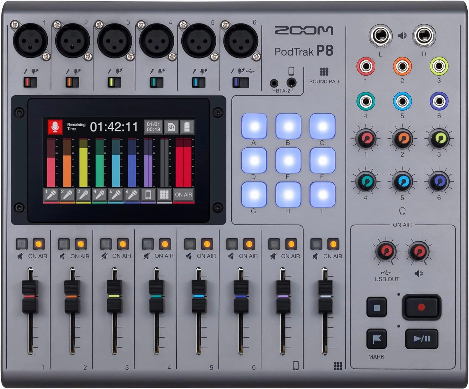 Zoom PodTrak P8 Podcast Recorder, 6 Microphone Inputs, 6 Headphone Outputs, Phone Input, Sound Pads, Onboard Editing, Record to SD Card, USB Audio Interface, Battery Powered audio interface,USB interface,music recording input,